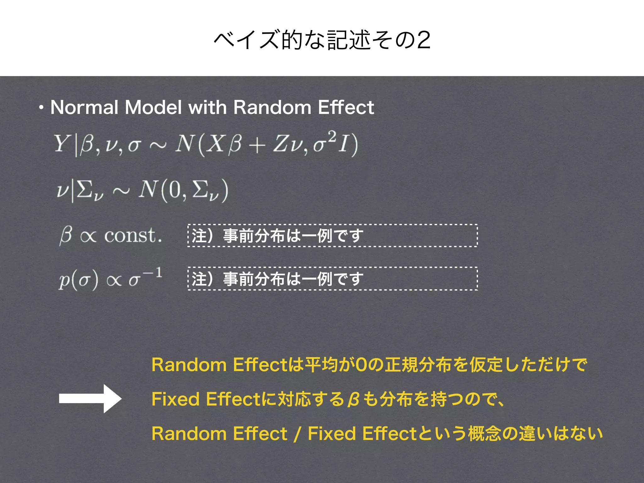 ベイズ的な記述その2
・Normal Model with Random Eﬀect
Random Eﬀectは平均が0の正規分布を仮定しただけで
Fixed Eﬀectに対応するβも分布を持つので、
Random Eﬀect / Fixed Eﬀectという概念の違いはない
注）事前分布は一例です
注）事前分布は一例です
 