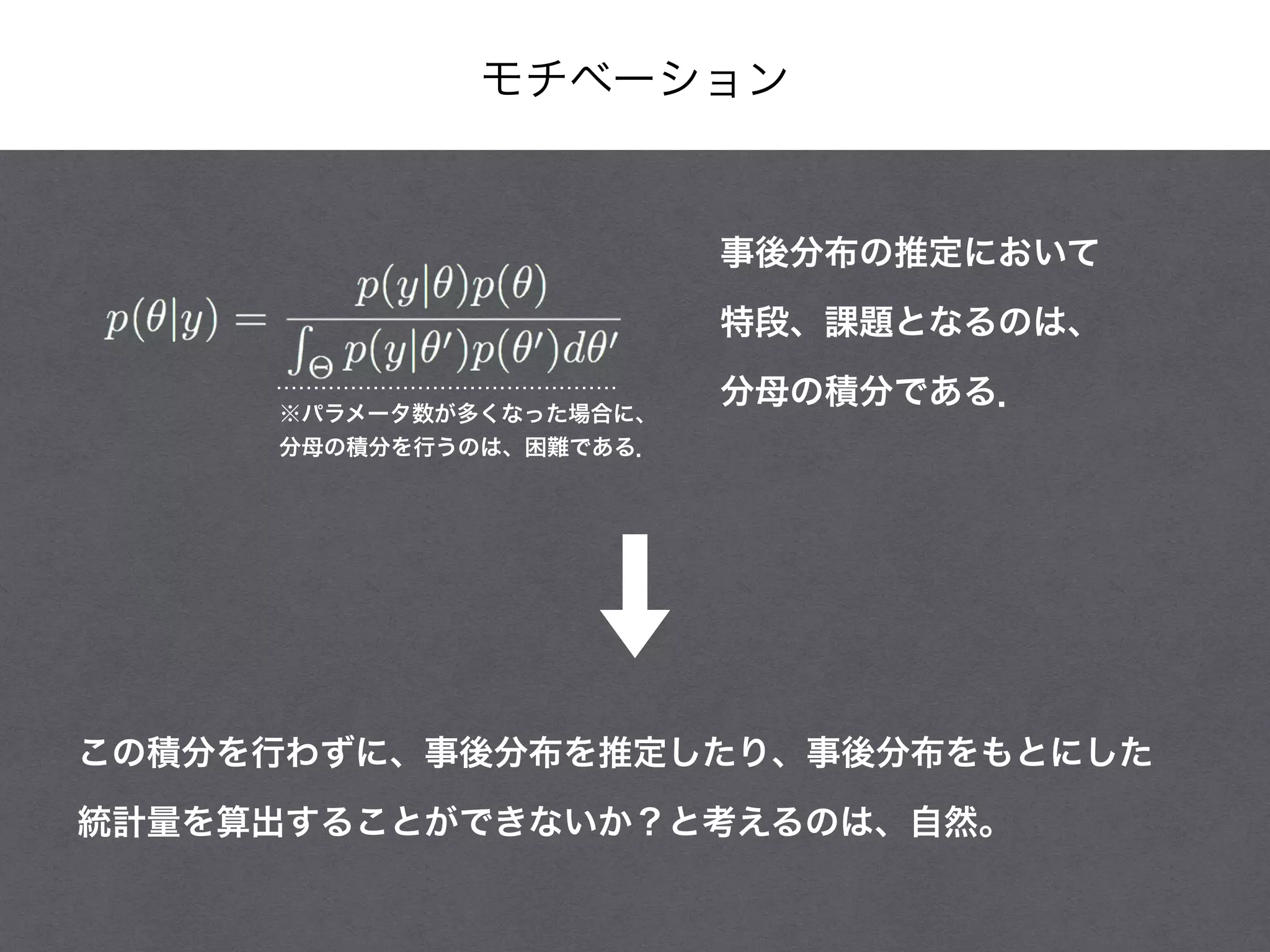 モチベーション
事後分布の推定において
特段、課題となるのは、
分母の積分である．
この積分を行わずに、事後分布を推定したり、事後分布をもとにした
統計量を算出することができないか？と考えるのは、自然。
※パラメータ数が多くなった場合に、
分母の積分を行うのは、困難である．
 