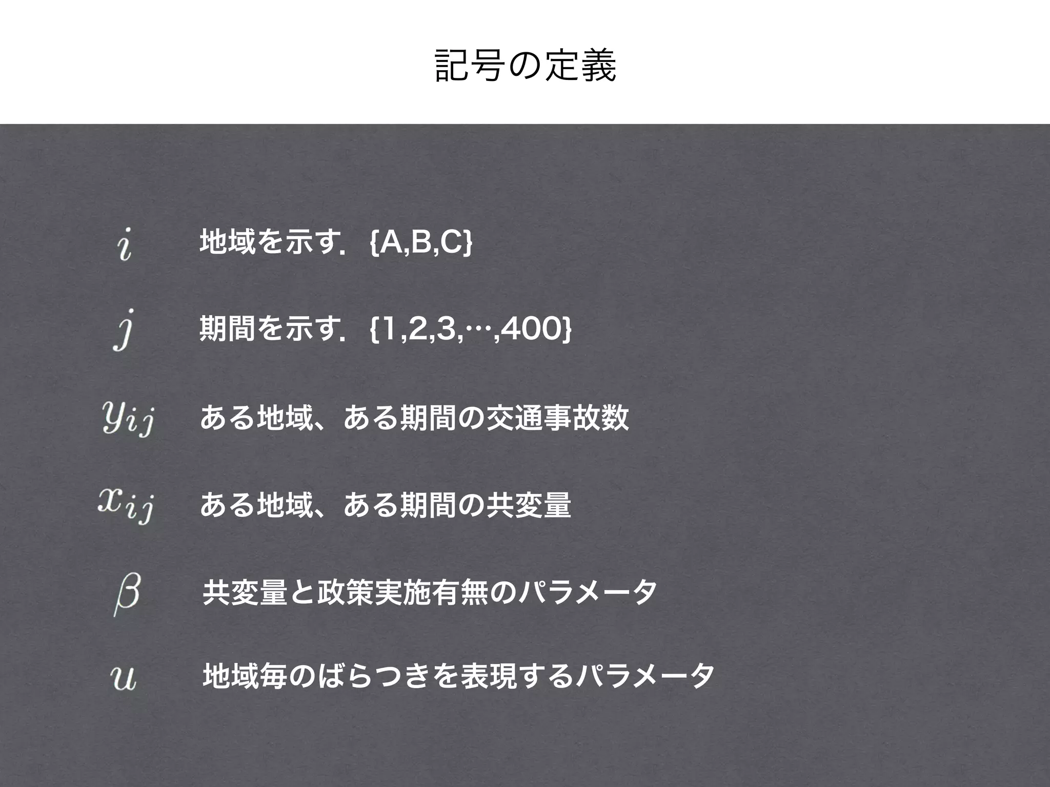 記号の定義
地域を示す．{A,B,C}
期間を示す．{1,2,3,…,400}
ある地域、ある期間の交通事故数
ある地域、ある期間の共変量
共変量と政策実施有無のパラメータ
地域毎のばらつきを表現するパラメータ
 