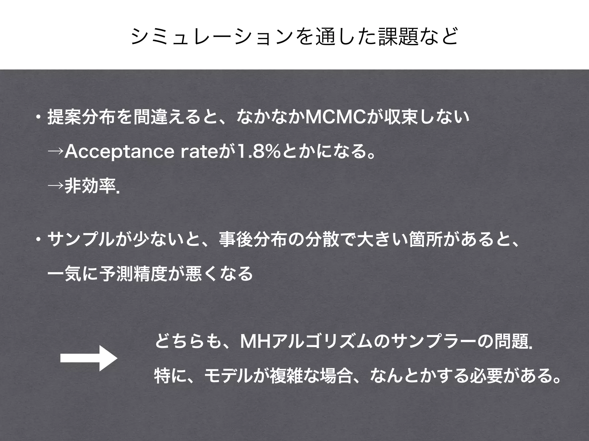 シミュレーションを通した課題など
・提案分布を間違えると、なかなかMCMCが収束しない
 →Acceptance rateが1.8%とかになる。
 →非効率．
・サンプルが少ないと、事後分布の分散で大きい箇所があると、
 一気に予測精度が悪くなる
どちらも、MHアルゴリズムのサンプラーの問題．
特に、モデルが複雑な場合、なんとかする必要がある。
 
