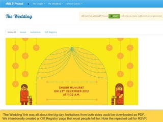 ‘The Wedding’ link was all about the big day. Invitations from both sides could be downloaded as PDF.
We intentionally created a ‘Gift Registry’ page that most people fell for. Note the repeated call for RSVP.

 