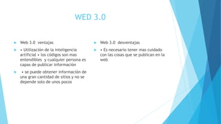 WED 3.0
 Web 3.0 ventajas
 • Utilización de la inteligencia
artificial • los códigos son mas
entendibles y cualquier persona es
capas de publicar información
 • se puede obtener información de
una gran cantidad de sitios y no se
depende solo de unos pocos
 Web 3.0 desventajas
 • Es necesario tener mas cuidado
con las cosas que se publican en la
web
 