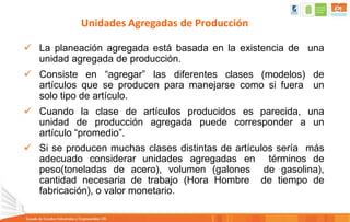 Unidades Agregadas de Producción
 La planeación agregada está basada en la existencia de una
unidad agregada de producción.
 Consiste en “agregar” las diferentes clases (modelos) de
artículos que se producen para manejarse como si fuera un
solo tipo de artículo.
 Cuando la clase de artículos producidos es parecida, una
unidad de producción agregada puede corresponder a un
artículo “promedio”.
 Si se producen muchas clases distintas de artículos sería más
adecuado considerar unidades agregadas en términos de
peso(toneladas de acero), volumen (galones de gasolina),
cantidad necesaria de trabajo (Hora Hombre de tiempo de
fabricación), o valor monetario.
 