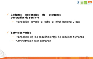 76
 Cadenas nacionales de pequeñas
compañías de servicio
• Planeación llevada a cabo a nivel nacional y local
 Servicios varios
• Planeación de los requerimientos de recursos humanos
• Administración de la demanda
 