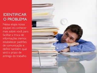 IDENTIFICAR
O PROBLEMA
Nessa etapa nossa
equipe irá conhecer
mais sobre você, para
facilitar a troca de
informações iremos
estabelecer padrões
de comunicação e
deﬁnir também qual
será o prazo de
entrega do trabalho
 