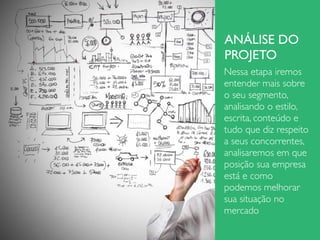 ANÁLISE DO
PROJETO
Nessa etapa iremos
entender mais sobre
o seu segmento,
analisando o estilo,
escrita, conteúdo e
tudo que diz respeito
a seus concorrentes,
analisaremos em que
posição sua empresa
está e como
podemos melhorar
sua situação no
mercado
 