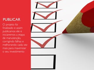 PUBLICAR
O projeto foi
ﬁnalizado e assim
publicamos ele e
iniciaremos a etapa
de manutenção,
corrigindo falhas e
melhorando cada vez
mais para maximizar
o seu investimento
 