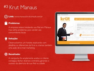 #3 Krut        Manaus
  Link: www.manaus.krutconsult.com.br


  Problema:
  A empresa estava instalando sua ﬁlial em Manaus
  mas sofria problemas para vender aos
  consumidores locais

  Solução:
  Desenvolvemos um hotsite explicando com
  detalhes os diferenciais da Krut e criamos também
  uma ação de e-mail marketing

  Resultado:
  A campanha foi amplamente aceita e o cliente
  conseguiu fechar diversos contratos, gerando o
  sucesso da abertura de sua ﬁlial na cidade
 
