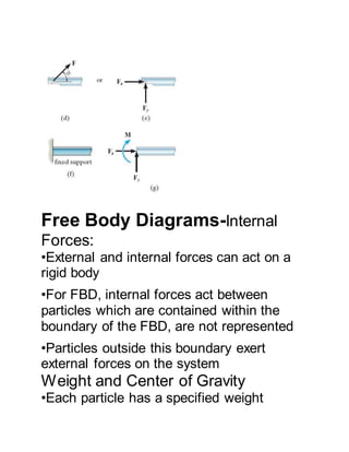 Free Body Diagrams-Internal
Forces:
•External and internal forces can act on a
rigid body
•For FBD, internal forces act between
particles which are contained within the
boundary of the FBD, are not represented
•Particles outside this boundary exert
external forces on the system
Weight and Center of Gravity
•Each particle has a specified weight
 
