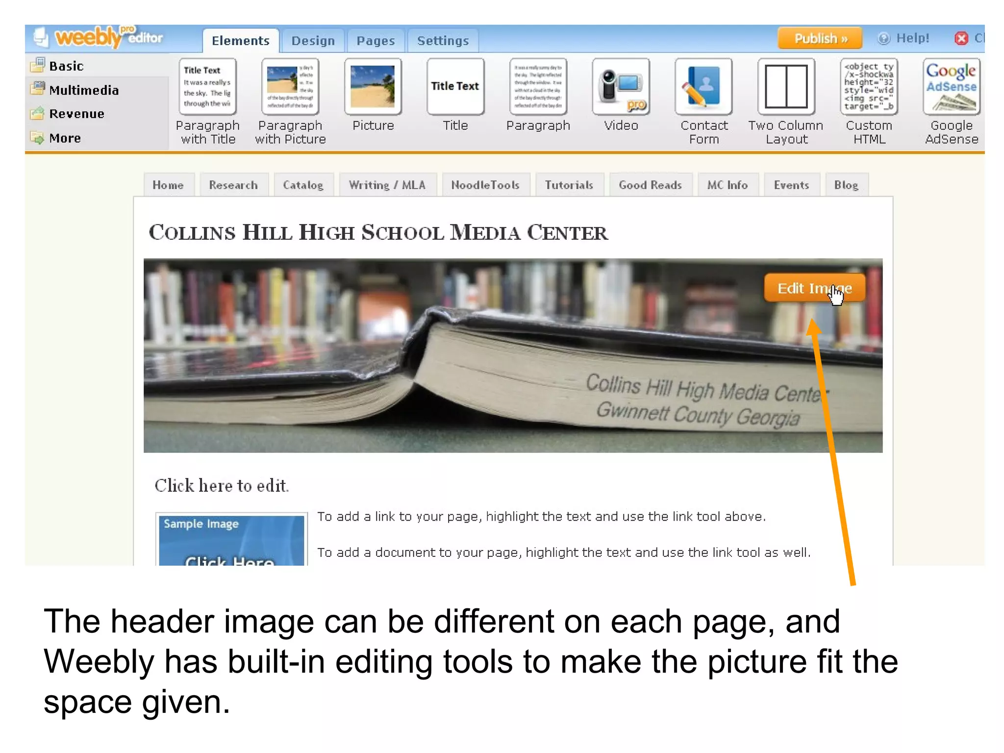 The header image can be different on each page, and Weebly has built-in editing tools to make the picture fit the space given.  