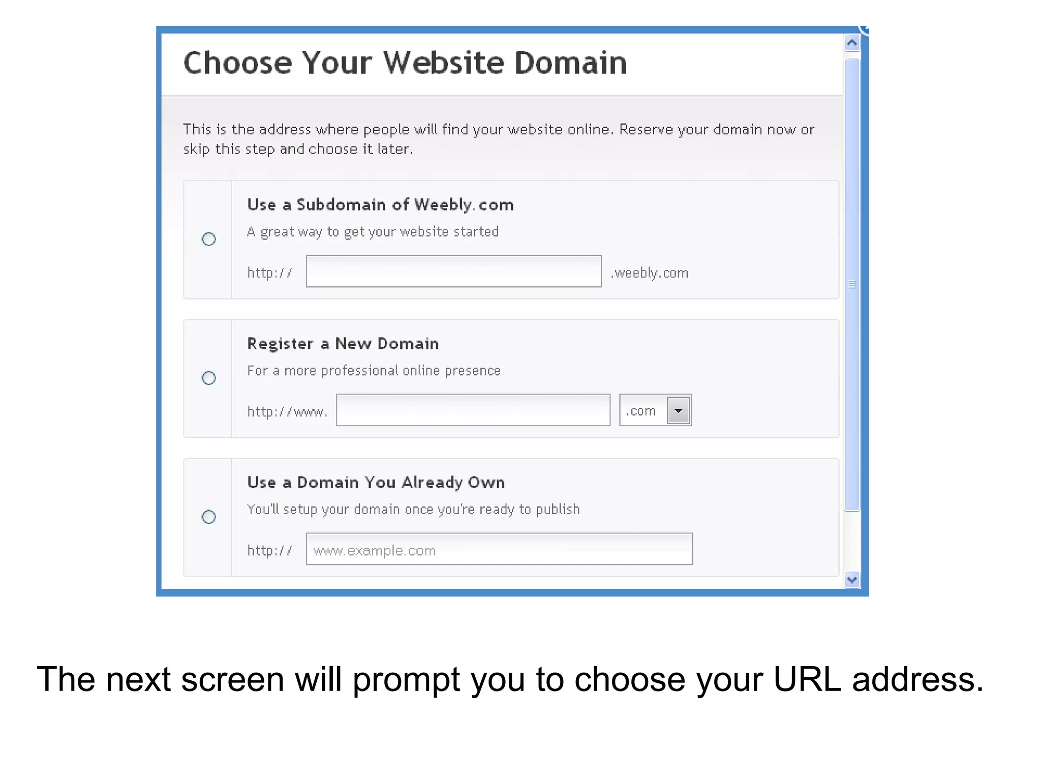 The next screen will prompt you to choose your URL address.  