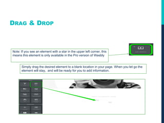 DRAG & DROP
Note: If you see an element with a star in the upper left corner, this
means this element is only available in the Pro version of Weebly
Simply drag the desired element to a blank location in your page. When you let go the
element will stay, and will be ready for you to add information.
 
