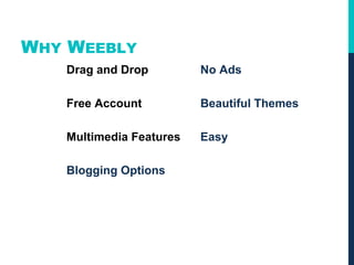 WHY WEEBLY
Drag and Drop
Free Account
Multimedia Features
Blogging Options
No Ads
Beautiful Themes
Easy
 