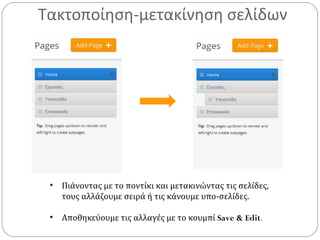 Τακτοποίηση-μετακίνηση σελίδων
• Πιάνοντας με το ποντίκι και μετακινώντας τις σελίδες,
τους αλλάζουμε σειρά ή τις κάνουμε υπο-σελίδες.
• Αποθηκεύουμε τις αλλαγές με το κουμπί Save & Edit.
 