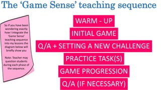 The ‘Game Sense’ teaching sequence 
WARM - UP 
INITIAL GAME 
Q/A + SETTING A NEW CHALLENGE 
PRACTICE TASK(S) 
GAME PROGRESSION 
Q/A (IF NECESSARY) 
So if you have been 
wondering exactly 
how I integrate the 
‘Game Sense’ 
teaching sequence 
into my lessons the 
diagram below will 
briefly show you 
Note: Teacher may 
question students 
during each phase of 
the sequence. 
 