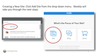 Creating a New Site: Click Add Site from the drop down menu. Weebly will
take you through the next steps
8
 