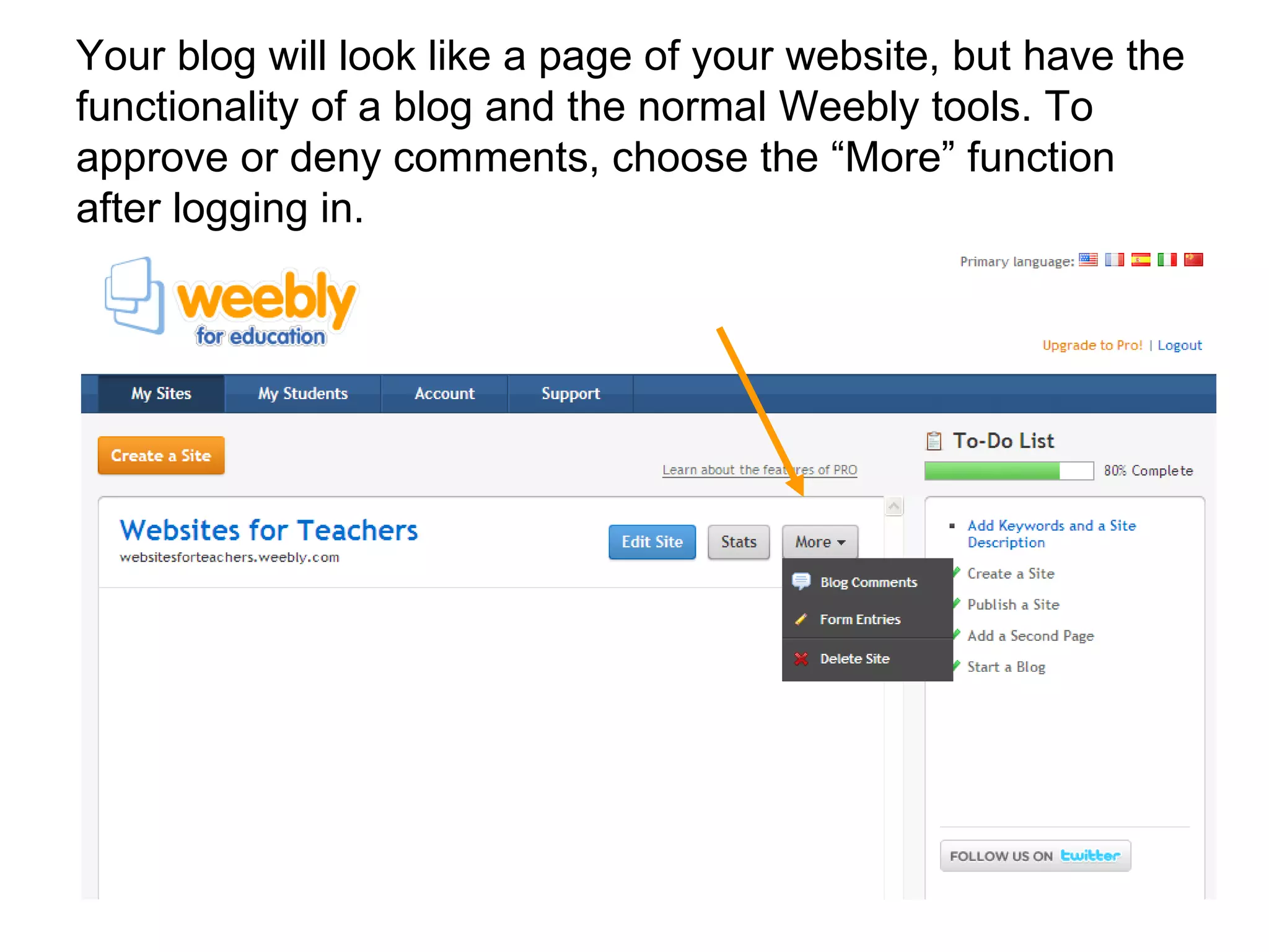 Your blog will look like a page of your website, but have the functionality of a blog and the normal Weebly tools. To approve or deny comments, choose the “More” function after logging in.  