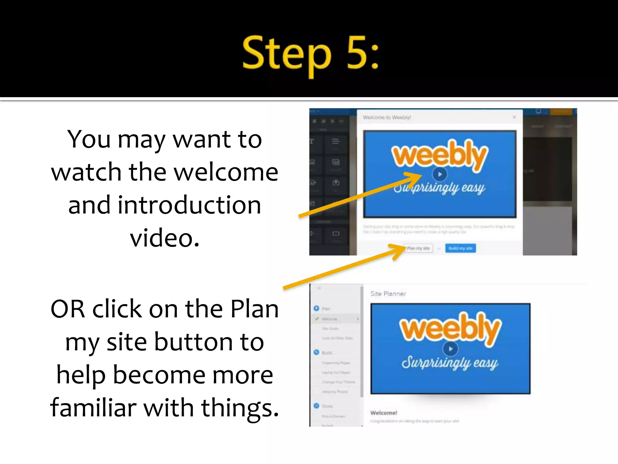 You may want to 
watch the welcome 
and introduction 
video. 
OR click on the Plan 
my site button to 
help become more 
familiar with things. 
 