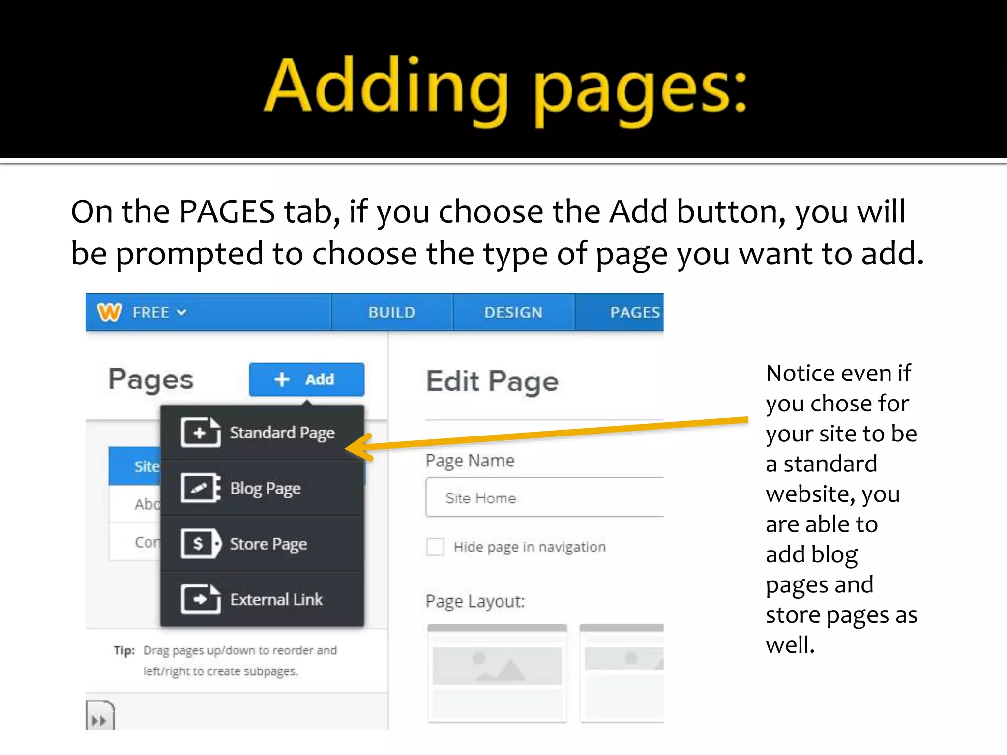 On the PAGES tab, if you choose the Add button, you will 
be prompted to choose the type of page you want to add. 
Notice even if 
you chose for 
your site to be 
a standard 
website, you 
are able to 
add blog 
pages and 
store pages as 
well. 
 