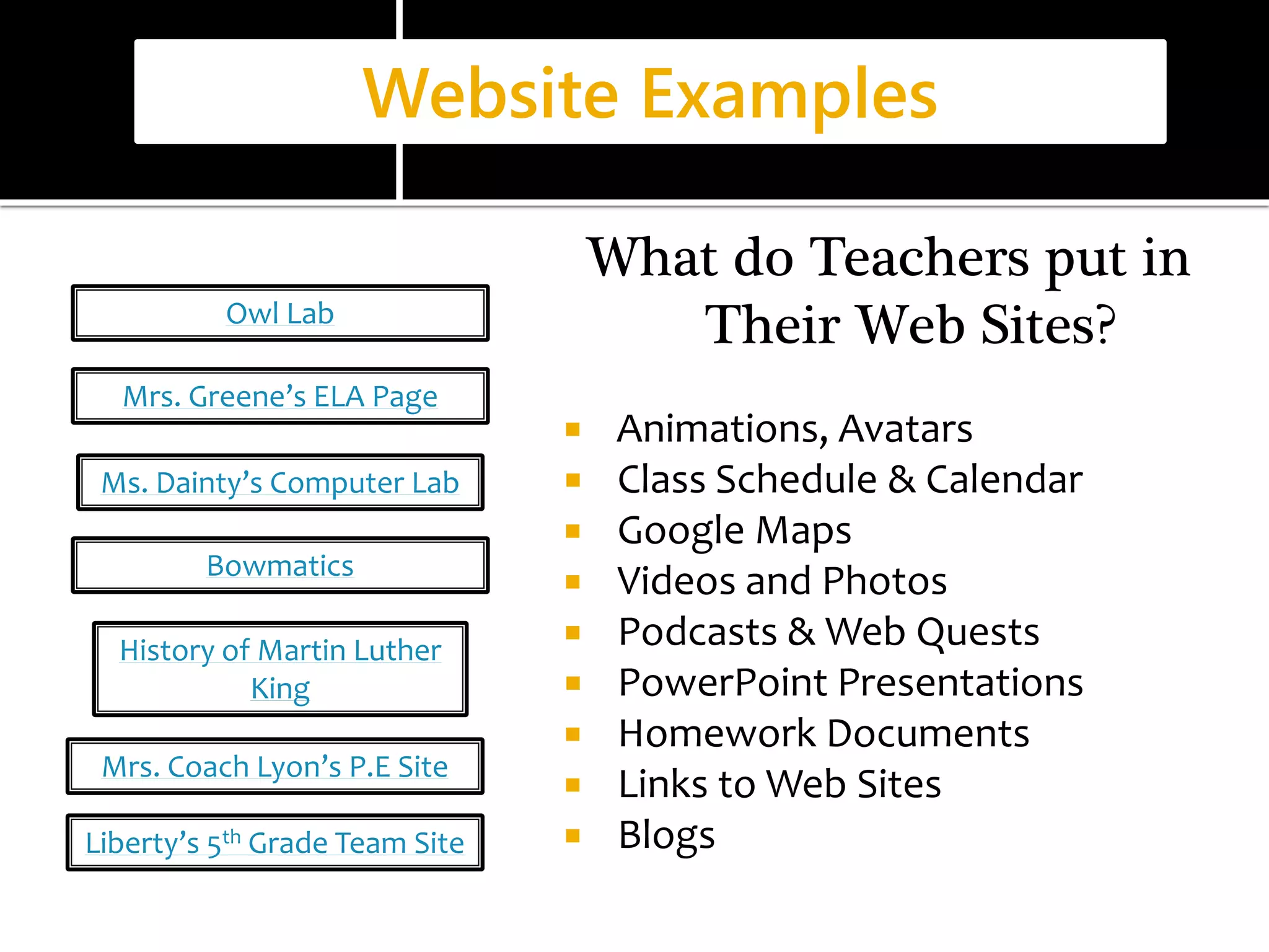 Website Examples 
What do Teachers put in 
Their Web Sites? 
 Animations, Avatars 
 Class Schedule & Calendar 
 Google Maps 
 Videos and Photos 
 Podcasts & Web Quests 
 PowerPoint Presentations 
 Homework Documents 
 Links to Web Sites 
 Blogs 
Owl Lab 
Mrs. Greene’s ELA Page 
Ms. Dainty’s Computer Lab 
Bowmatics 
History of Martin Luther 
King 
Mrs. Coach Lyon’s P.E Site 
Liberty’s 5th Grade Team Site 
 
