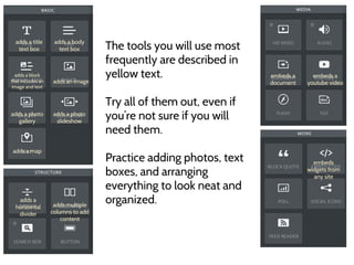 adds a title
text box
adds a body
text box
adds a block
that includes an
image and text
adds an image
adds a photo
gallery
adds a photo
slideshow
adds a map
adds a
horizontal
divider
adds multiple
columns to add
content
embeds a
document
embeds a
youtube video
embeds
widgets from
any site
The tools you will use most
frequently are described in
yellow text.
Try all of them out, even if
you’re not sure if you will
need them.
Practice adding photos, text
boxes, and arranging
everything to look neat and
organized.
 