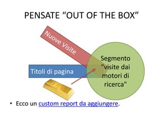 PENSATE “OUT OF THE BOX”
• Ecco un custom report da aggiungere.
Titoli di pagina
Segmento
"visite dai
motori di
ricerca"
 