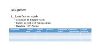 Assignment
1. Identification weeds
• Minimum 25 different weeds
• Submit as book with real specimens
• Deadline – 23rd
August
Local names Common
name
Scientific
name
Habitat morphological
feature
Mode of
propagation
Control
methods
 