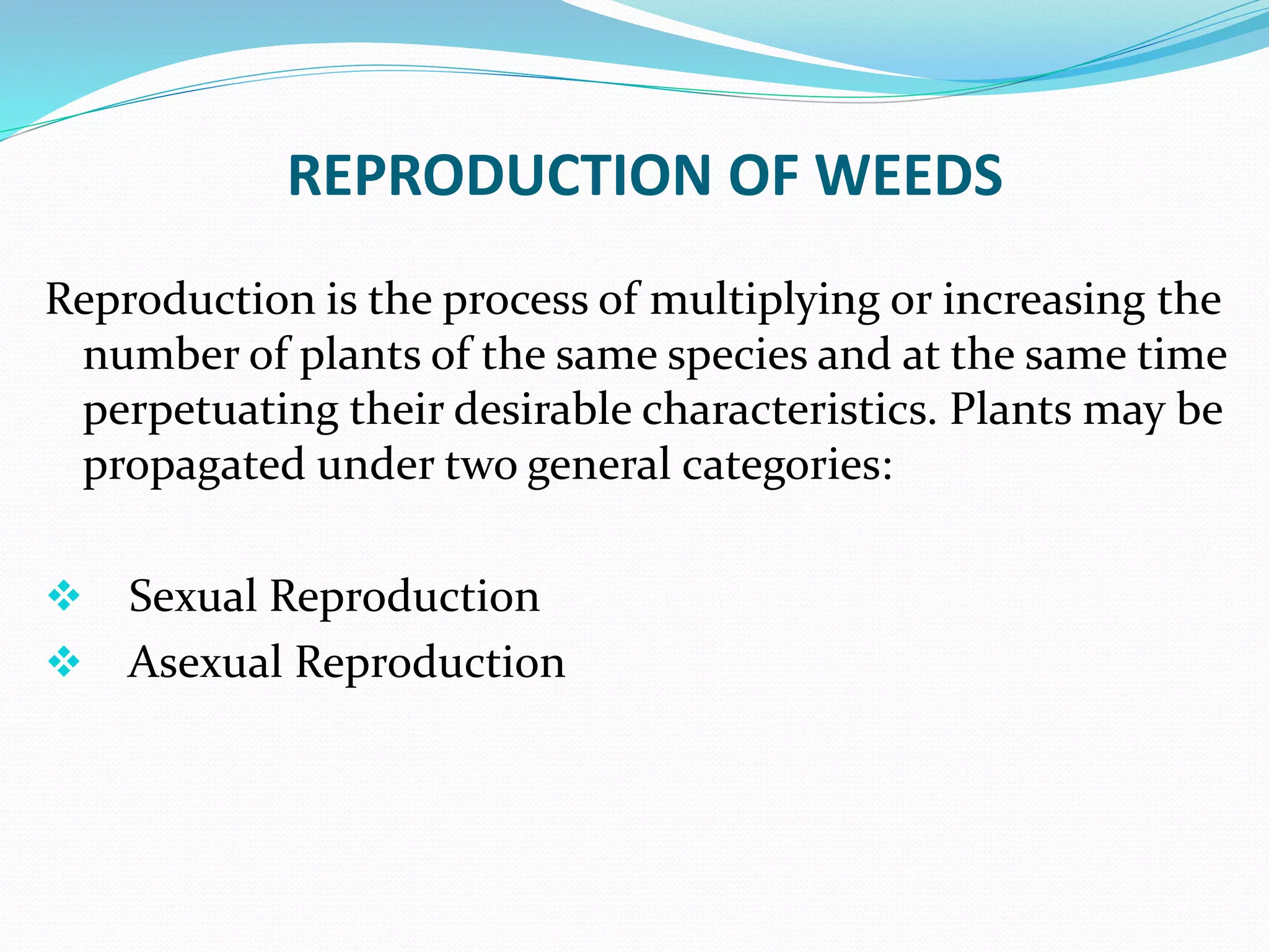 REPRODUCTION OF WEEDS
Reproduction is the process of multiplying or increasing the
number of plants of the same species and at the same time
perpetuating their desirable characteristics. Plants may be
propagated under two general categories:
 Sexual Reproduction
 Asexual Reproduction
 