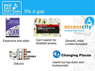 fills a gap Expensive and static Can’t search for disabled access Defunct Useful but top-down and bureaucratic General, initial London-focussed 