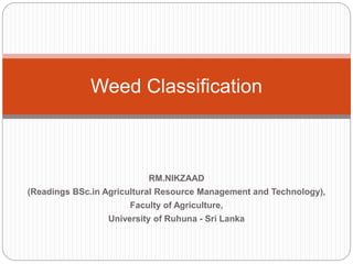 Weed Classification
RM.NIKZAAD
(Readings BSc.in Agricultural Resource Management and Technology),
Faculty of Agriculture,
University of Ruhuna - Sri Lanka
 