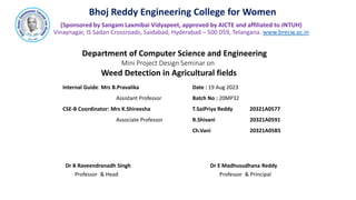Bhoj Reddy Engineering College for Women
(Sponsored by Sangam Laxmibai Vidyapeet, approved by AICTE and affiliated to JNTUH)
Vinaynagar, IS Sadan Crossroads, Saidabad, Hyderabad – 500 059, Telangana. www.brecw.ac.in
Department of Computer Science and Engineering
Mini Project Design Seminar on
Weed Detection in Agricultural fields
Internal Guide: Mrs B.Pravalika Date : 19 Aug 2023
Assistant Professor Batch No : 20MP32
CSE-B Coordinator: Mrs K.Shireesha T.SaiPriya Reddy 20321A0577
Associate Professor R.Shivani 20321A0591
Ch.Vani 20321A05B5
Dr B Raveendranadh Singh Dr E Madhusudhana Reddy
Professor & Head Professor & Principal
 