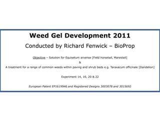 Weed Gel Development 2011  Conducted by Richard Fenwick – BioProp Objective – Solution for Equisetum arvense [Field horsetail, Marestail] & A treatment for a range of common weeds within paving and shrub beds e.g. Taraxacumofficinale [Dandelion]  Experiment 14, 16, 20 & 22 European Patent EP1619946 and Registered Designs 3003078 and 3015692 