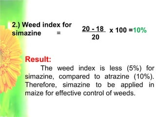 2.) Weed index for
simazine =
20 - 18
20
x 100 =10%
Result:
The weed index is less (5%) for
simazine, compared to atrazine (10%).
Therefore, simazine to be applied in
maize for effective control of weeds.
 