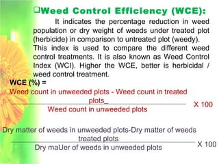 Weed Control Efficiency (WCE):
It indicates the percentage reduction in weed
population or dry weight of weeds under treated plot
(herbicide) in comparison to untreated plot (weedy).
This index is used to compare the different weed
control treatments. It is also known as Weed Control
Index (WCI). Higher the WCE, better is herbicidal /
weed control treatment.
WCE (%) =
Weed count in unweeded plots - Weed count in treated
plots
Weed count in unweeded plots
X 100
Dry matter of weeds in unweeded plots-Dry matter of weeds
treated plots
Dry maUer of weeds in unweeded plots X 100
 