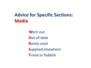 Quick & DirtyConsider weeding:Duplicate copies no longer neededItems in obviously poor conditionDrab items that get lost on shelvesOlder single title authorsObscure or ephemeral titlesKnockoffs of popular authors (Series of Unfortunate Events, Harry Potter)Lesser works of authors who have diedMinor author/poet collectionsSeries books when titles are missingSimplified/abridged classicsJeanette Larson, Small Library Mgt. Training Program, Collection Development Course