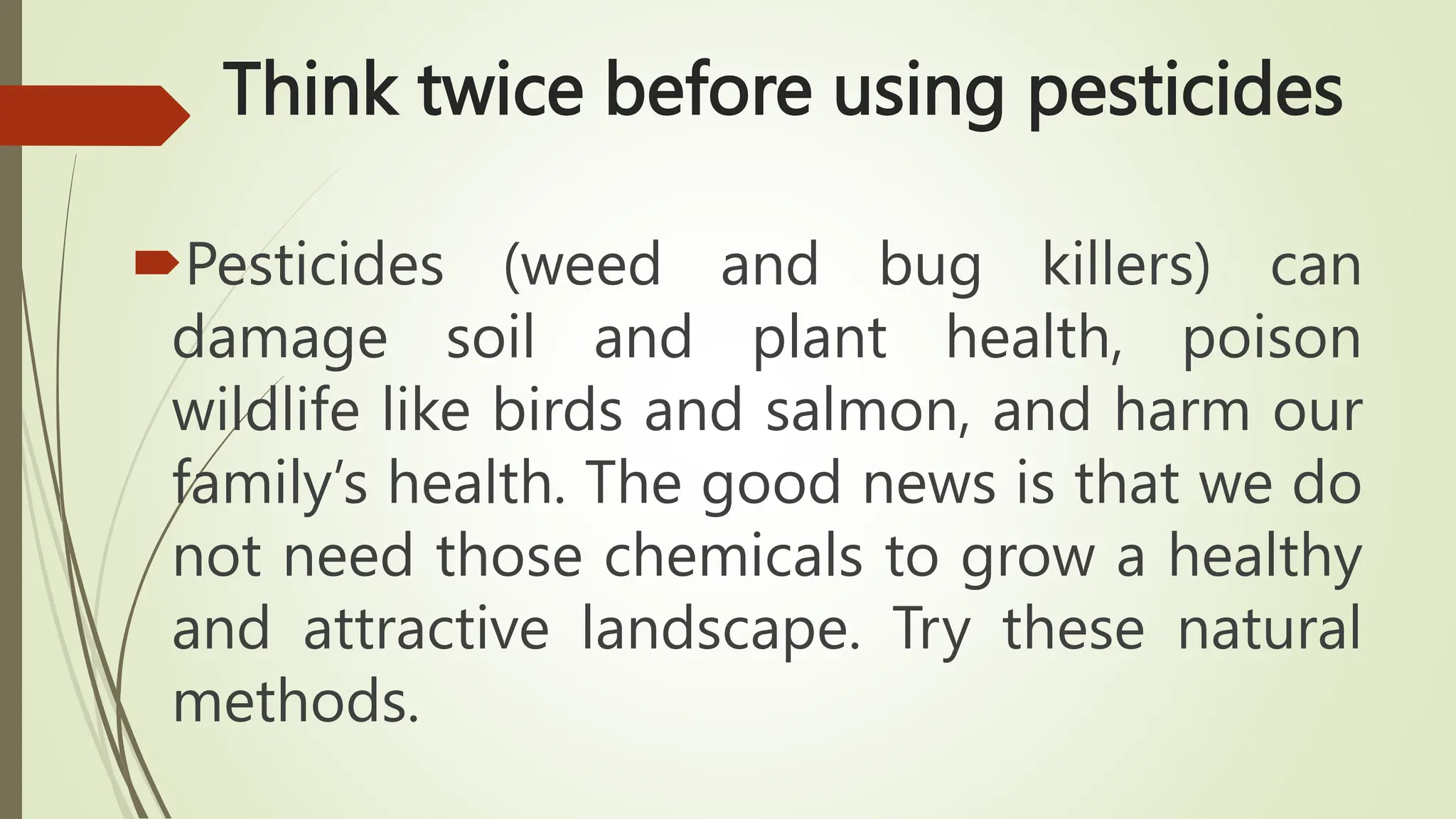 Think twice before using pesticides
Pesticides (weed and bug killers) can
damage soil and plant health, poison
wildlife like birds and salmon, and harm our
family’s health. The good news is that we do
not need those chemicals to grow a healthy
and attractive landscape. Try these natural
methods.
 