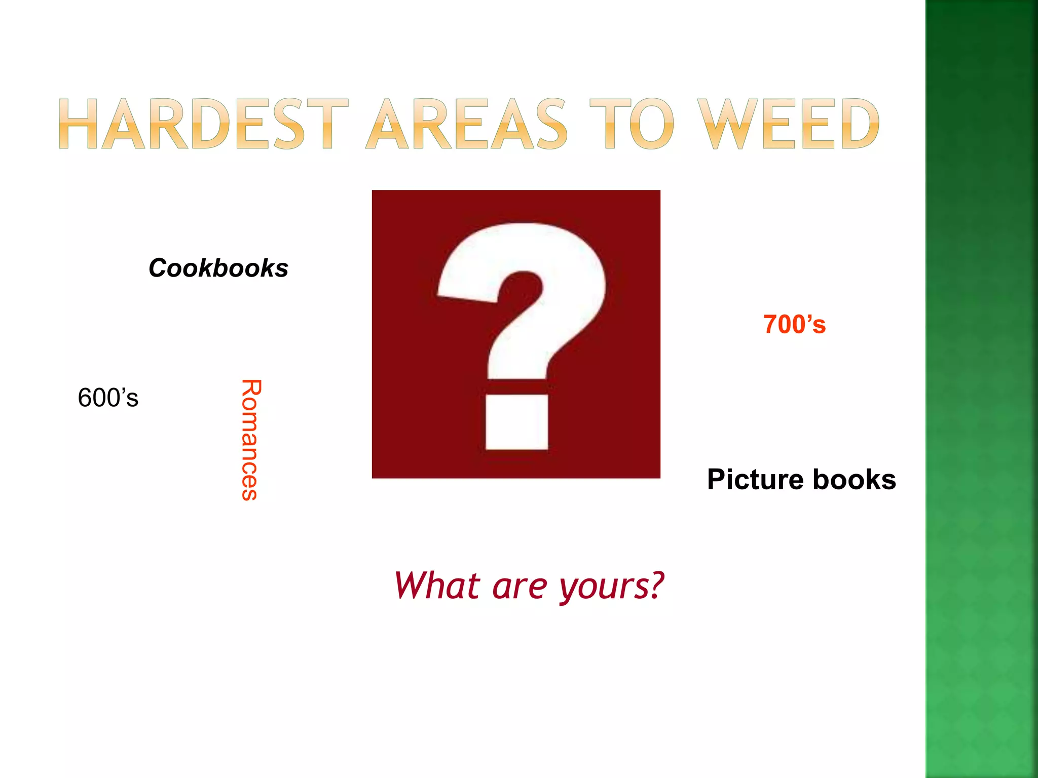 What are yours?
600’s
700’s
Cookbooks
Picture books
Romances
 