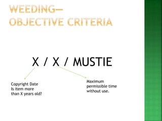 X / X / MUSTIE
Copyright Date
Is item more
than X years old?
Maximum
permissible time
without use.
 