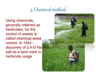 3. Chemical method
Using chemicals,
generally referred as
herbicides, for the
control of weeds is
called chemical weed
control. In 1944 -
discovery of 2,4-D Na
salt as a land mark in
herbicide usage
 