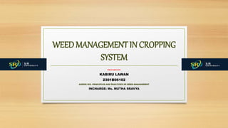 WEED MANAGEMENT IN CROPPING
SYSTEM
PREPARED BY
KABIRU LAWAN
2301B06102
AGRON 503- PRINCIPLES AND PRACTICES OF WEED MANAGEMENT
INCHARGE: Ms. MUTHA SRAVYA
 
