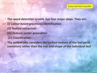 • The weed detection system has four major steps. They are:
• (i) Colour based greenness identification
• (ii) Texture extraction
• (iii) Feature vector generation
• (iv) Classification.
• The system also considers the surface texture of the leaf parts
(venation) rather than the size and shape of the individual leaf
Fuzzy real time classifier
 