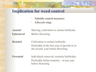 Implication for weed control Suitable control measures Lifecycle stage Annual/   Mowing, cultivation or contact herbicide. Ephemeral Before flowering. Biennial Cultivation or contact herbicide. Preferably in the first year of growth or in  the second  year before flowering. Perennial Individuals removed, systemic herbicides. Preferably before maturity – in any year  before flowering. 