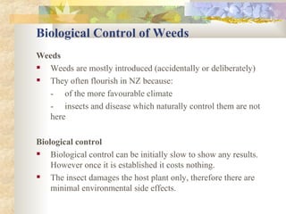 Biological Control of Weeds Weeds Weeds are mostly introduced (accidentally or deliberately) They often flourish in NZ because: - of the more favourable climate  - insects and disease which naturally control them are not  here Biological control Biological control can be initially slow to show any results.  However once it is established it costs nothing. The insect damages the host plant only, therefore there are minimal environmental side effects. 