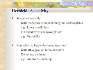 Herbicide Selectivity Selective Herbicide - Kills the weeds without harming the desired plants e.g.  Lawn weedkillers  kill broadleaves and leave grasses e.g.  Grasskiller Non-selective herbicides(broad spectrum) - Kills  all  vegetation for total control - Do not use on lawns e.g.  Amitrole, Round-up 