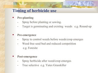 Timing of herbicide use Pre-planting - Spray before planting or sowing. - Target is germinating and existing  weeds  e.g. Round-up Pre-emergence - Spray to control weeds before weeds/crop emerges - Weed free seed bed and reduced competition     e.g. Foresite Post-emergence - Spray herbicide after weed/crop emerges - True selective  e.g. Yates Grasskiller 
