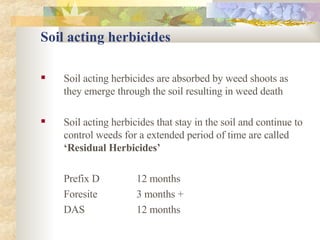 Soil acting herbicides Soil acting herbicides are absorbed by weed shoots as they emerge through the soil resulting in weed death Soil acting herbicides that stay in the soil and continue to control weeds for a extended period of time are called  ‘Residual Herbicides’ Prefix D 12 months Foresite 3 months + DAS 12 months 