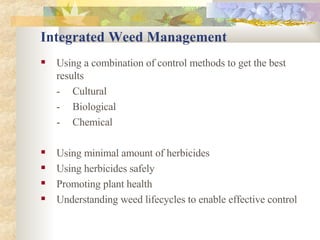 Integrated Weed Management Using a combination of control methods to get the best results - Cultural - Biological - Chemical Using minimal amount of herbicides Using herbicides safely Promoting plant health Understanding weed lifecycles to enable effective control 