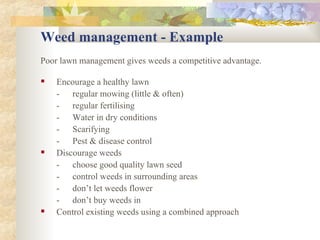 Weed management - Example Poor lawn management gives weeds a competitive advantage. Encourage a healthy lawn - regular mowing (little & often) - regular fertilising - Water in dry conditions - Scarifying - Pest & disease control Discourage weeds - choose good quality lawn seed - control weeds in surrounding areas - don’t let weeds flower - don’t buy weeds in Control existing weeds using a combined approach 