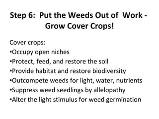 Step 6:  Put the Weeds Out of  Work -  Grow Cover Crops! Cover crops: Occupy open niches Protect, feed, and restore the soil Provide habitat and restore biodiversity Outcompete weeds for light, water, nutrients Suppress weed seedlings by allelopathy Alter the light stimulus for weed germination 