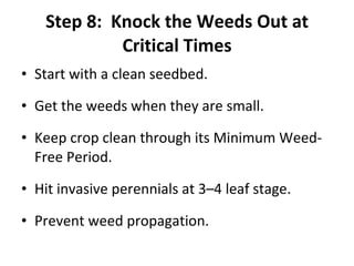 Step 8:  Knock the Weeds Out at Critical Times Start with a clean seedbed. Get the weeds when they are small. Keep crop clean through its Minimum Weed-Free Period. Hit invasive perennials at 3–4 leaf stage. Prevent weed propagation. 